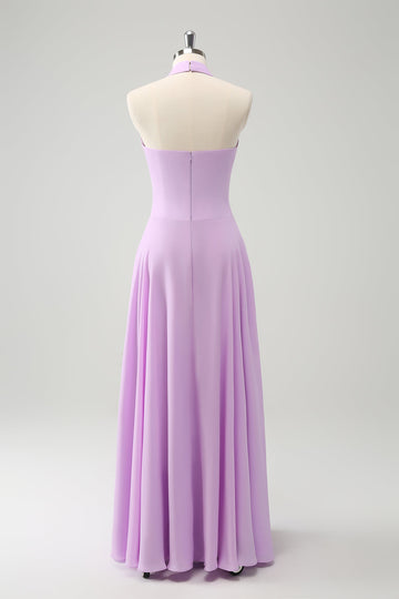 Lilla A Line Halter Chiffon Lang ryggløs brudepike kjole
